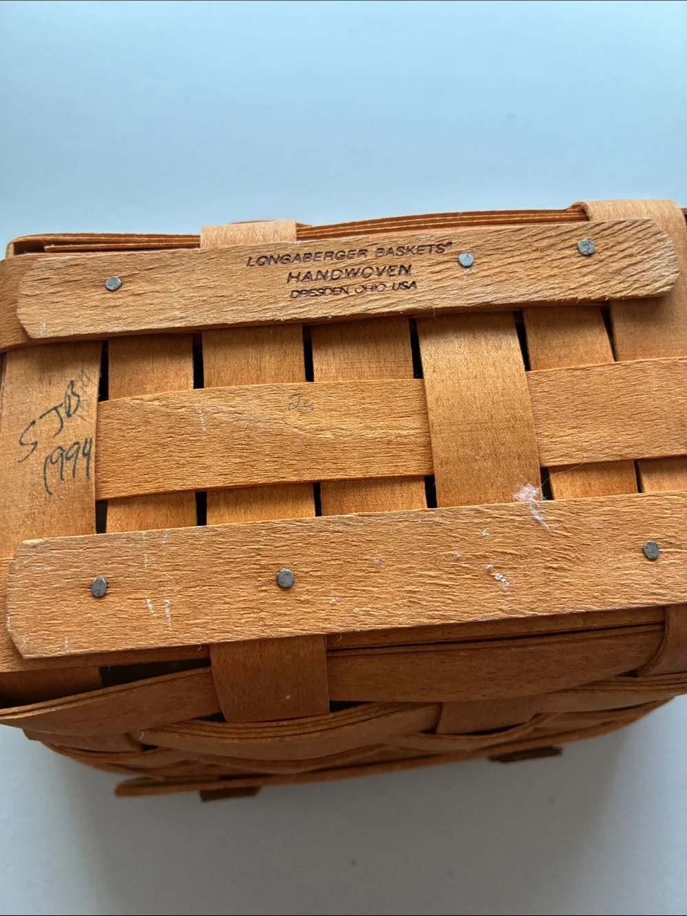 Longaberger Light Brown Handwoven Wood Basket with Hinged Lid